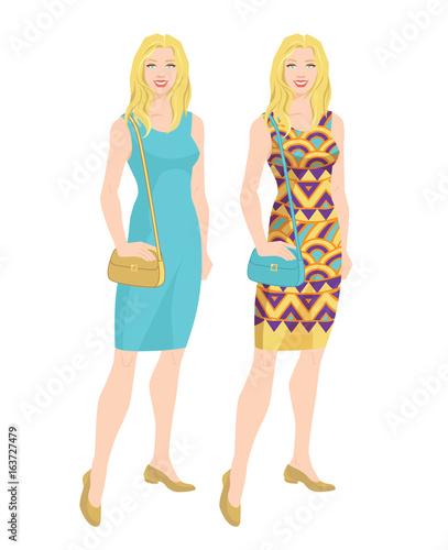 Vector illustration of woman in dress with different pattern isolated on white background