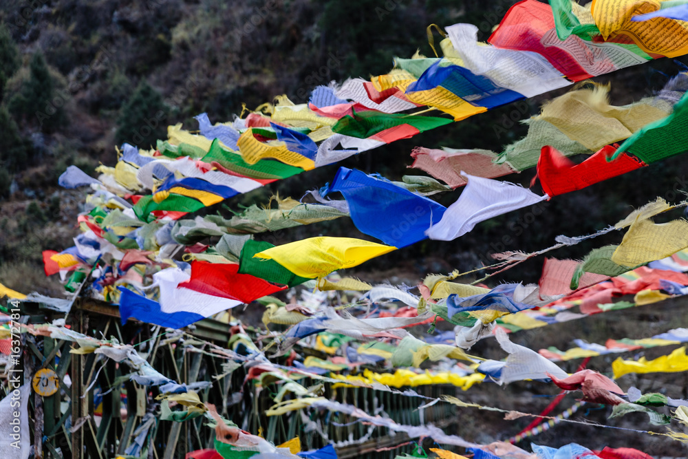 Tear colorful Tibetan prayer flags waving and swaddled with bridge over frozen river at Thangu and Chopta valley in winter in Lachen. North Sikkim, India. Tear colorful Tibetan prayer flags waving and swaddled with bridge over frozen river at Thangu and Chopta valley in winter in Lachen. North Sikkim, India.