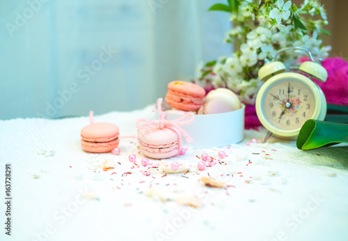 Tender pastel pink and orange macaroons on a white blanket and background