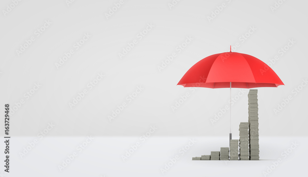 3d rendering of an open red umbrella on white background covering several stacks of money placed as a growing graph.