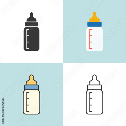 baby milk bottle in various design, outline icon, silhouette and flat design