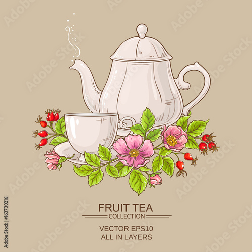 cup of dog rose tea and teapot