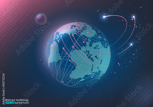 Glow effect. Stars, comets and satellites. Digital space. Planet Earth and the Moon. Communication, Internet and technology. Abstract image of points and lines. Blue background.