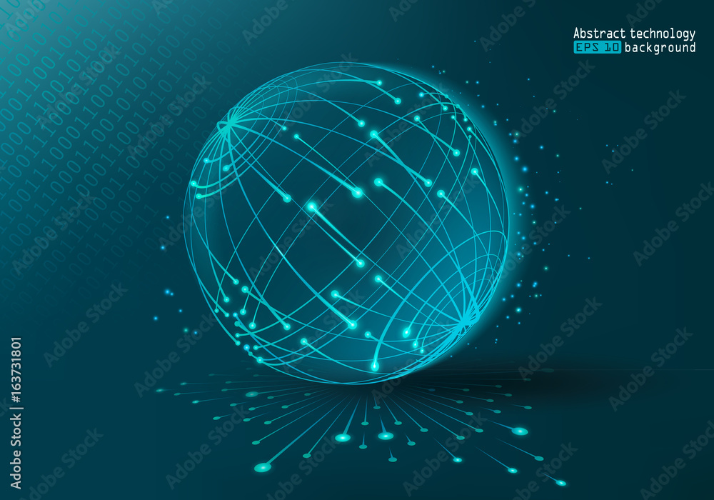 Fototapeta premium Web Technology. Abstract planet. Futuristic background with dots and lines. Vector illustration. Glow effect. Digital space. Blue background. Point and curve constructed sphere wire frame.