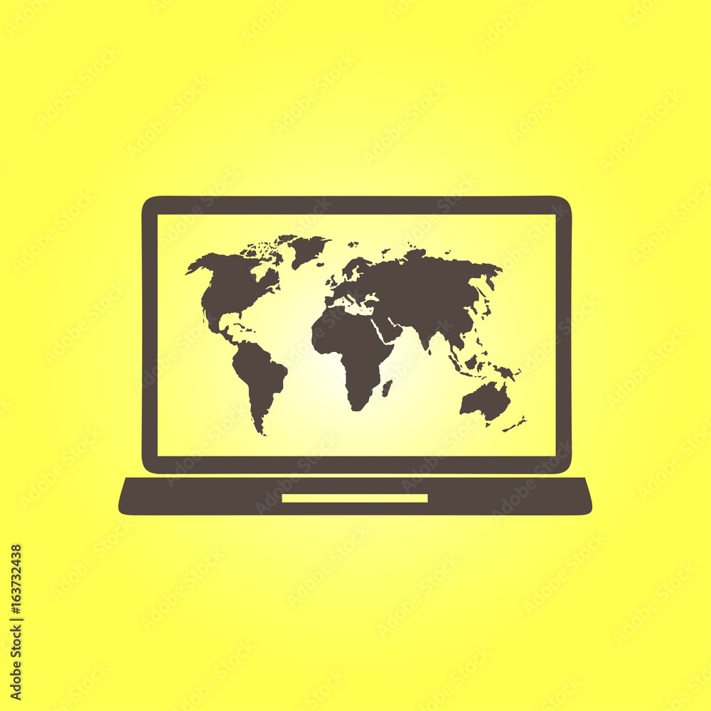Laptop and world map illustration. World map geography symbol. Flat design style. Laptop and world map illustration. World map geography symbol. Flat design style.