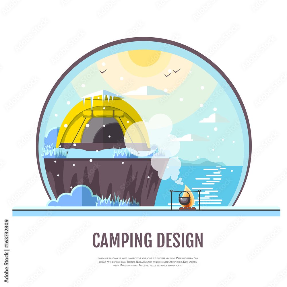 Obraz premium Flat style design of winter seaside landscape and camping tent