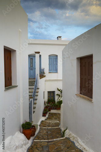 Streets of Chora village on Skyros island in Greece early in the morning.
