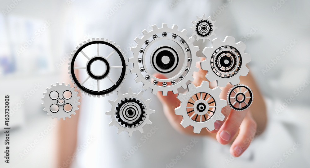 Businessman touching floating gear icons in his hand 3D rendering Businessman touching floating gear icons in his hand 3D rendering