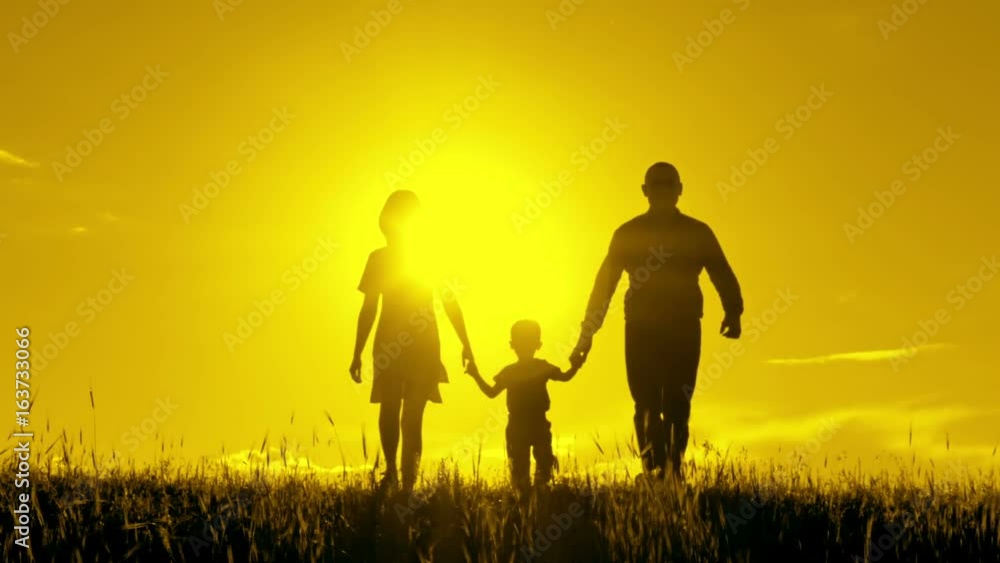 Happy family walking, holding hands at sunset. Happy family walking, holding hands at sunset.