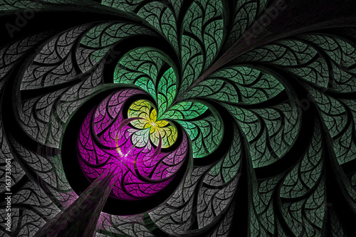 Abstract fractal flower computer generated image. Pink apple with yellow butterfly
