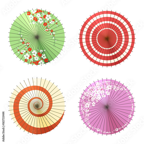 Asian umbrellas isolated on white background. Vector chinese canopy or japanese washi paper and bamboo umbrella wagasa