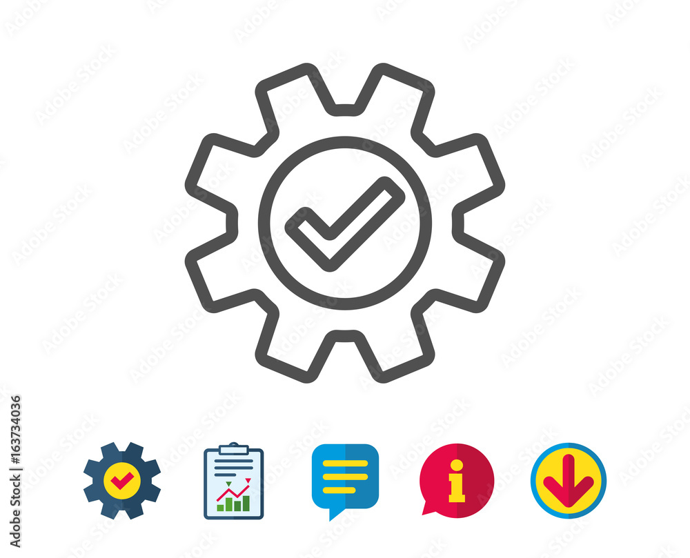 Cogwheel line icon. Approved Service sign. Transmission Rotation Mechanism symbol. Report, Service and Information line signs. Download, Speech bubble icons. Editable stroke. Vector Cogwheel line icon. Approved Service sign. Transmission Rotation Mechanism symbol. Report, Service and Information line signs. Download, Speech bubble icons. Editable stroke. Vector
