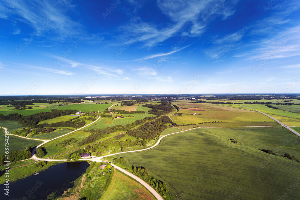 Summer day in latvian countryside, aerial view.