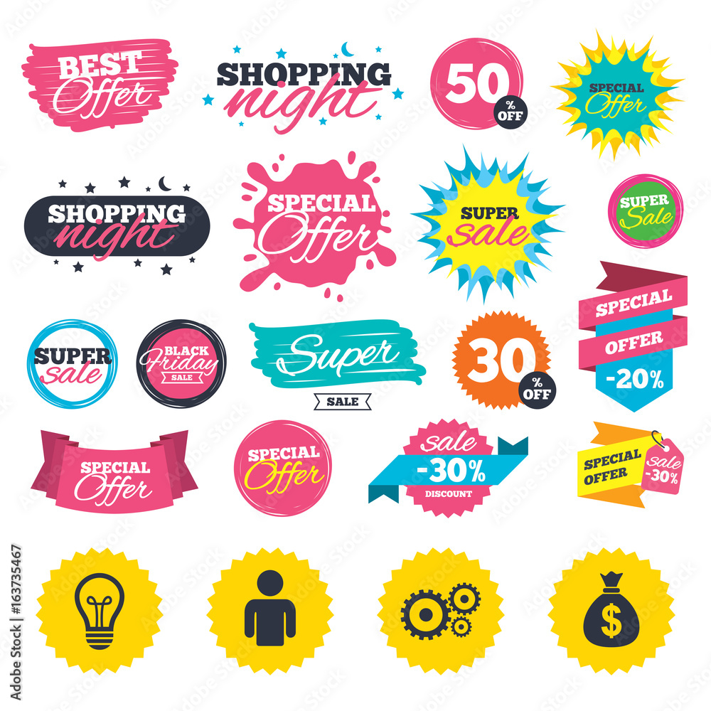 Sale shopping banners. Business icons. Human silhouette and lamp bulb idea signs. Dollar money bag and gear symbols. Web badges, splash and stickers. Best offer. Vector Sale shopping banners. Business icons. Human silhouette and lamp bulb idea signs. Dollar money bag and gear symbols. Web badges, splash and stickers. Best offer. Vector
