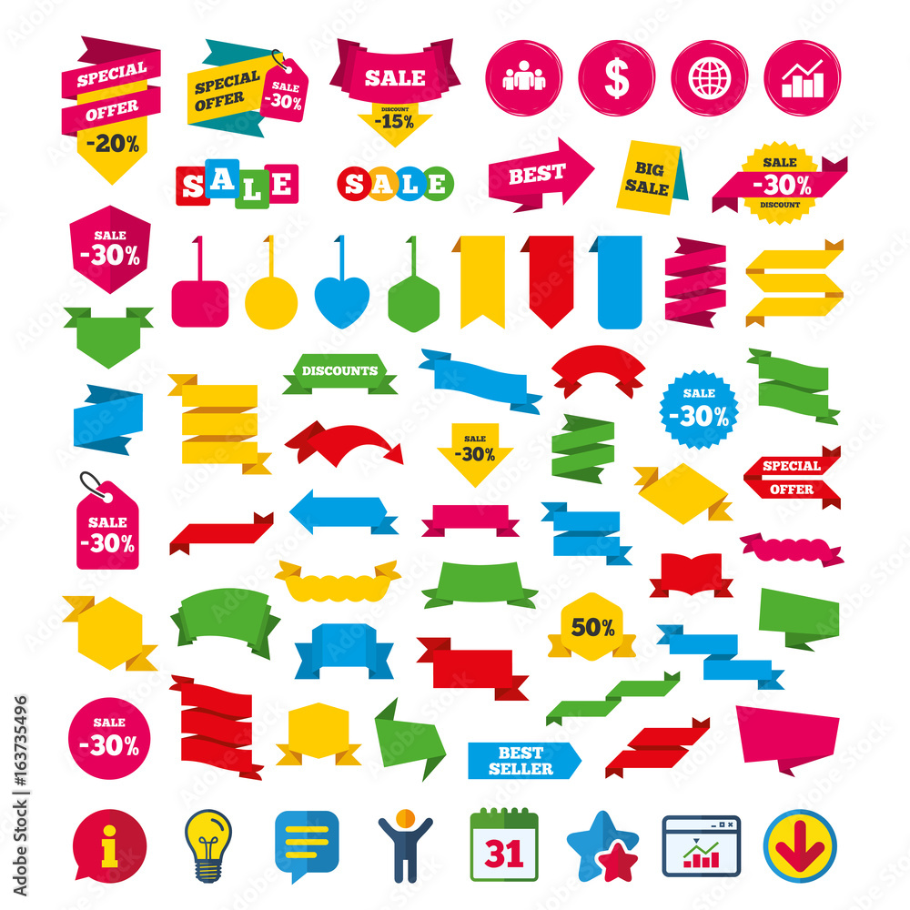Business icons. Graph chart and globe signs. Dollar currency and group of people symbols. Shopping tags, banners and coupons signs. Calendar, Information and Download icons. Stars, Statistics and Chat