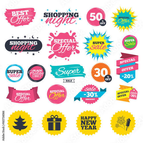 Sale shopping banners. Happy new year icon. Christmas tree and gift box signs. Fireworks rocket symbol. Web badges, splash and stickers. Best offer. Vector