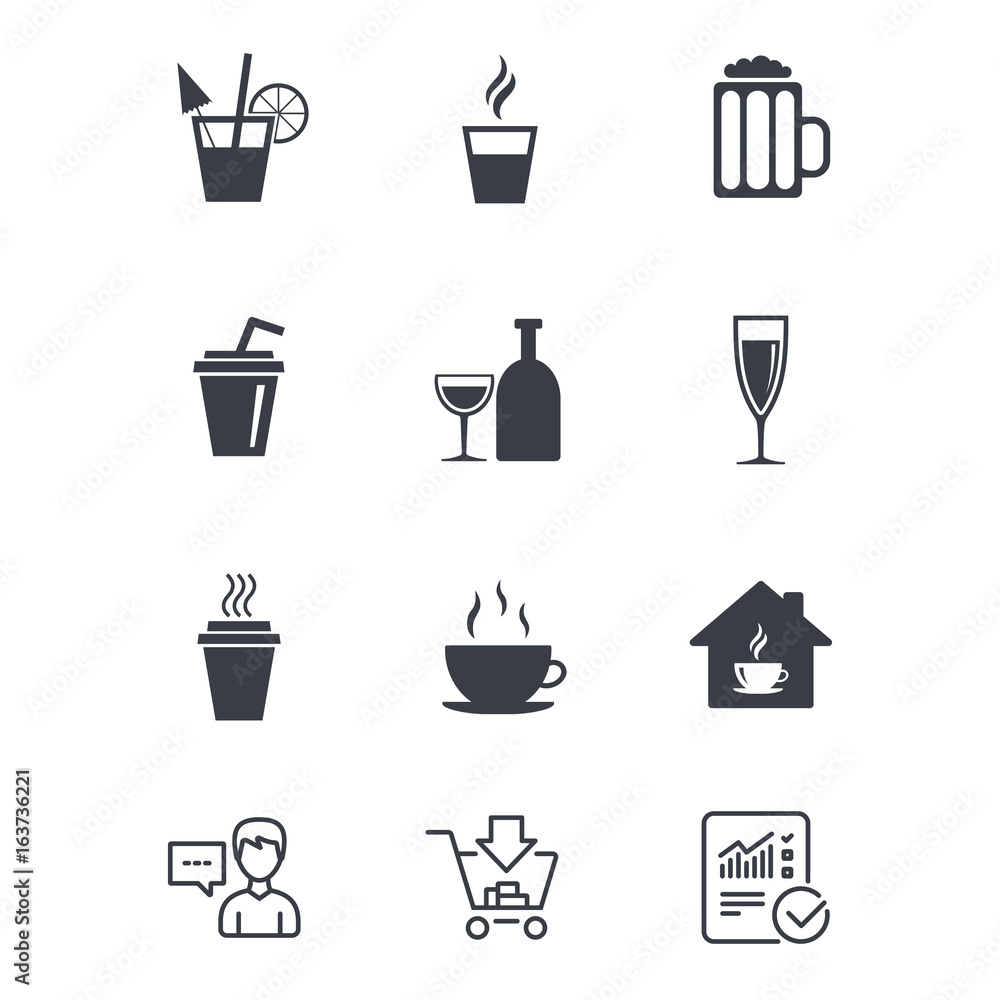 Tea, coffee and beer icons. Beer, wine and cocktail signs. Take away drinks. Customer service, Shopping cart and Report line signs. Online shopping and Statistics. Vector Tea, coffee and beer icons. Beer, wine and cocktail signs. Take away drinks. Customer service, Shopping cart and Report line signs. Online shopping and Statistics. Vector