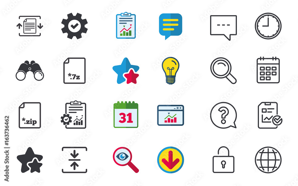 Archive file icons. Compressed zipped document signs. Data compression symbols. Chat, Report and Calendar signs. Stars, Statistics and Download icons. Question, Clock and Globe. Vector Archive file icons. Compressed zipped document signs. Data compression symbols. Chat, Report and Calendar signs. Stars, Statistics and Download icons. Question, Clock and Globe. Vector