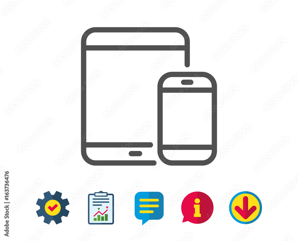 Mobile Devices icon. Smartphone and Tablet PC signs. Touchscreen gadget symbols. Report, Service and Information line signs. Download, Speech bubble icons. Editable stroke. Vector Mobile Devices icon. Smartphone and Tablet PC signs. Touchscreen gadget symbols. Report, Service and Information line signs. Download, Speech bubble icons. Editable stroke. Vector