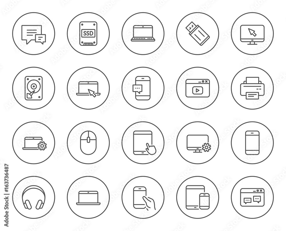 Mobile Devices line icons. Set of Laptop, Tablet PC and Smartphone signs. HDD, SSD and Flash drives. Headphones, Printer and Mouse symbols. Chat speech bubbles. Circle buttons with linear elements