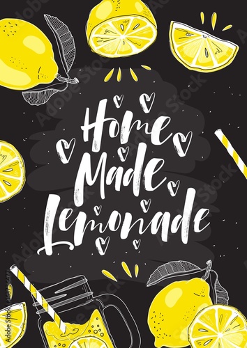 Hand drawn lemon, lemon slice, jar with lemonade with handwritten lettering