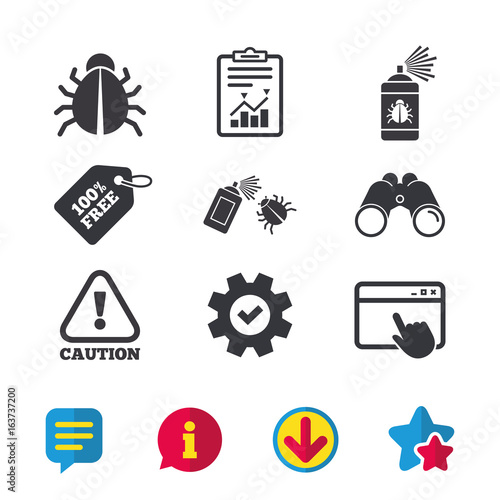 Bug disinfection icons. Caution attention symbol. Insect fumigation spray sign. Browser window, Report and Service signs. Binoculars, Information and Download icons. Stars and Chat. Vector