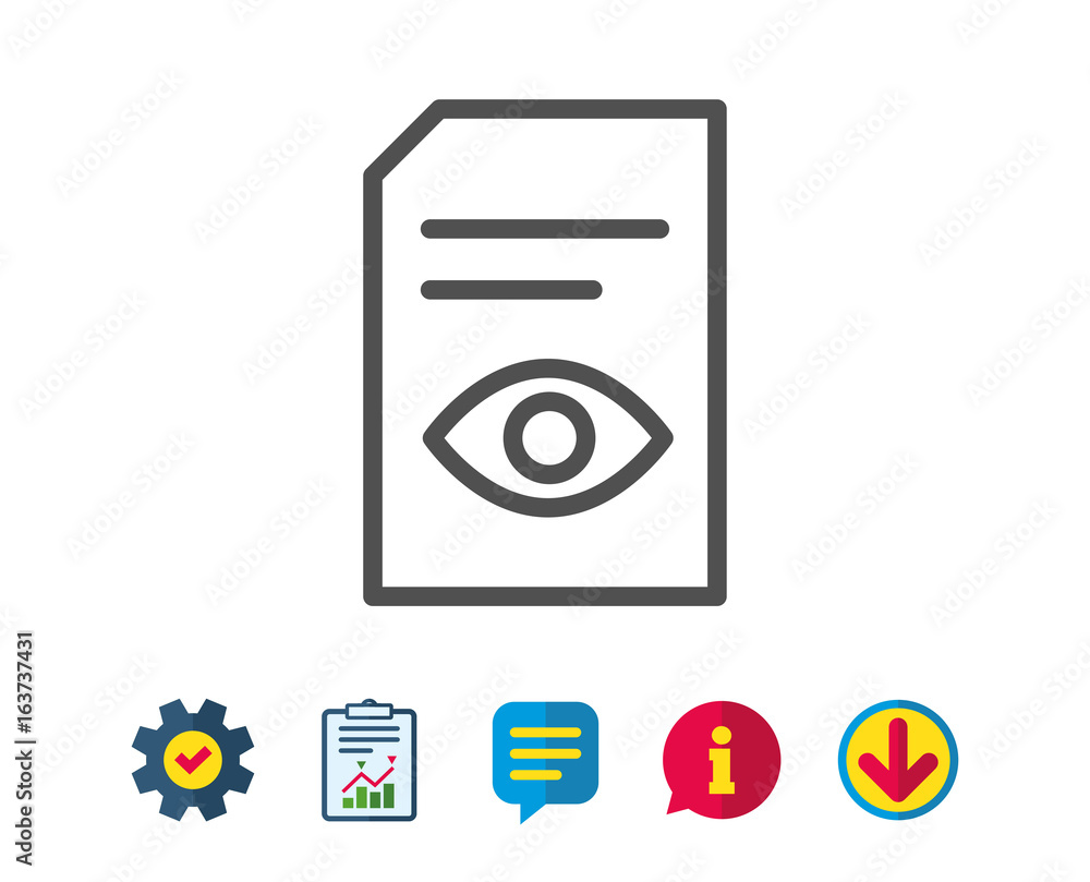View Document line icon. Open Information File sign. Paper page with Eye concept symbol. Report, Service and Information line signs. Download, Speech bubble icons. Editable stroke. Vector View Document line icon. Open Information File sign. Paper page with Eye concept symbol. Report, Service and Information line signs. Download, Speech bubble icons. Editable stroke. Vector