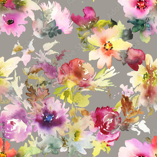 Wallpaper Mural Seamless summer pattern with watercolor flowers handmade. Torontodigital.ca