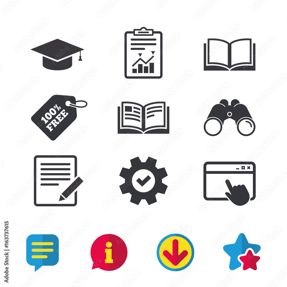 Pencil with document and open book icons. Graduation cap symbol. Higher  education learn signs. Browser window, Report and Service signs.  Binoculars, Information and Download icons. Stars and Chat vector de Stock