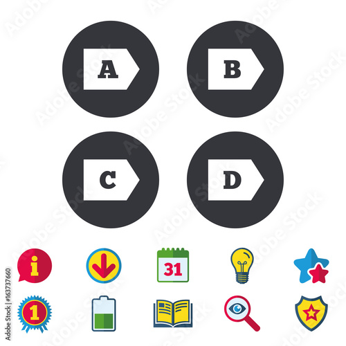 Energy efficiency class icons. Energy consumption sign symbols. Class A, B, C and D. Calendar, Information and Download signs. Stars, Award and Book icons. Light bulb, Shield and Search. Vector
