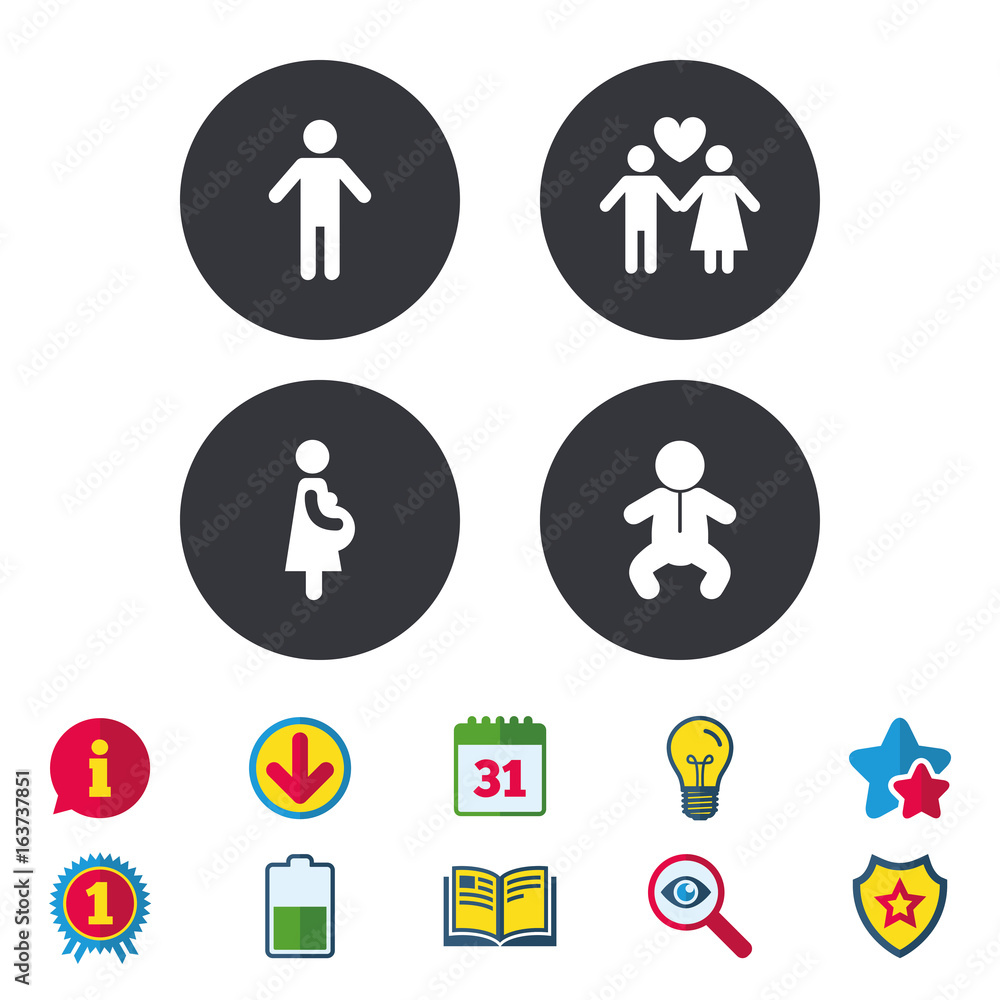 Family lifetime icons. Couple love, pregnancy and birth of a child symbols. Human male person sign. Calendar, Information and Download signs. Stars, Award and Book icons. Light bulb, Shield and Search Family lifetime icons. Couple love, pregnancy and birth of a child symbols. Human male person sign. Calendar, Information and Download signs. Stars, Award and Book icons. Light bulb, Shield and Search