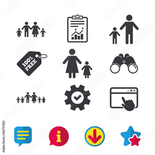 Large family with children icon. Parents and kids symbols. One-parent family signs. Mother and father divorce. Browser window, Report and Service signs. Binoculars, Information and Download icons