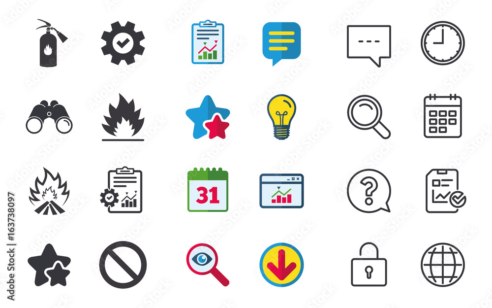 Fire flame icons. Fire extinguisher sign. Prohibition stop symbol. Chat, Report and Calendar signs. Stars, Statistics and Download icons. Question, Clock and Globe. Vector Fire flame icons. Fire extinguisher sign. Prohibition stop symbol. Chat, Report and Calendar signs. Stars, Statistics and Download icons. Question, Clock and Globe. Vector