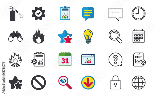 Fire flame icons. Fire extinguisher sign. Prohibition stop symbol. Chat, Report and Calendar signs. Stars, Statistics and Download icons. Question, Clock and Globe. Vector