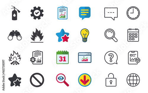 Fire flame icons. Fire extinguisher sign. Prohibition stop symbol. Chat, Report and Calendar signs. Stars, Statistics and Download icons. Question, Clock and Globe. Vector