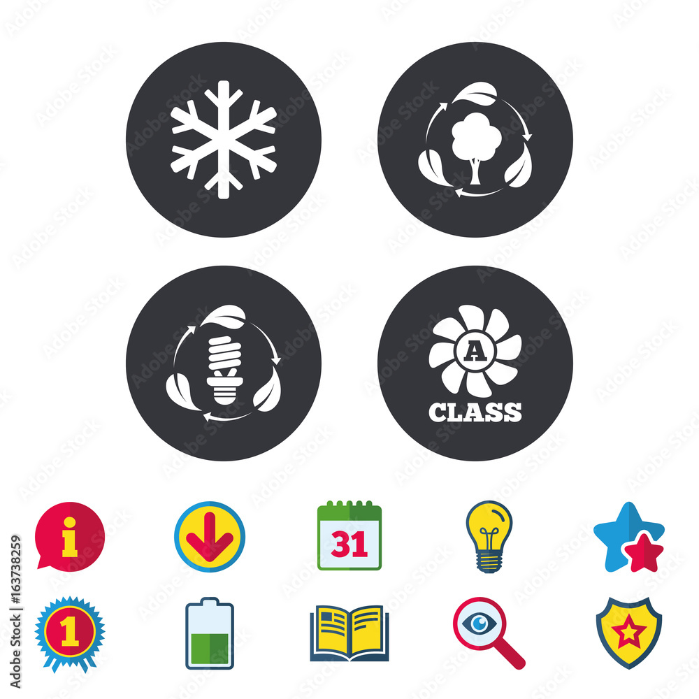Fresh air icon. Forest tree with leaves sign. Fluorescent energy lamp bulb symbol. A-class ventilation. Air conditioning symbol. Calendar, Information and Download signs. Stars, Award and Book icons