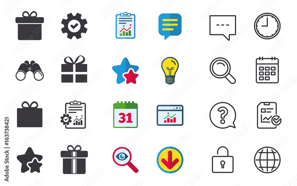 Gift box sign icons. Present with bow and ribbons sign symbols. Chat, Report and Calendar signs. Stars, Statistics and Download icons. Question, Clock and Globe. Vector Gift box sign icons. Present with bow and ribbons sign symbols. Chat, Report and Calendar signs. Stars, Statistics and Download icons. Question, Clock and Globe. Vector