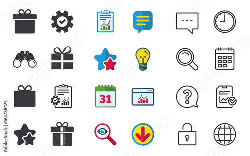 Gift box sign icons. Present with bow and ribbons sign symbols. Chat, Report and Calendar signs. Stars, Statistics and Download icons. Question, Clock and Globe. Vector