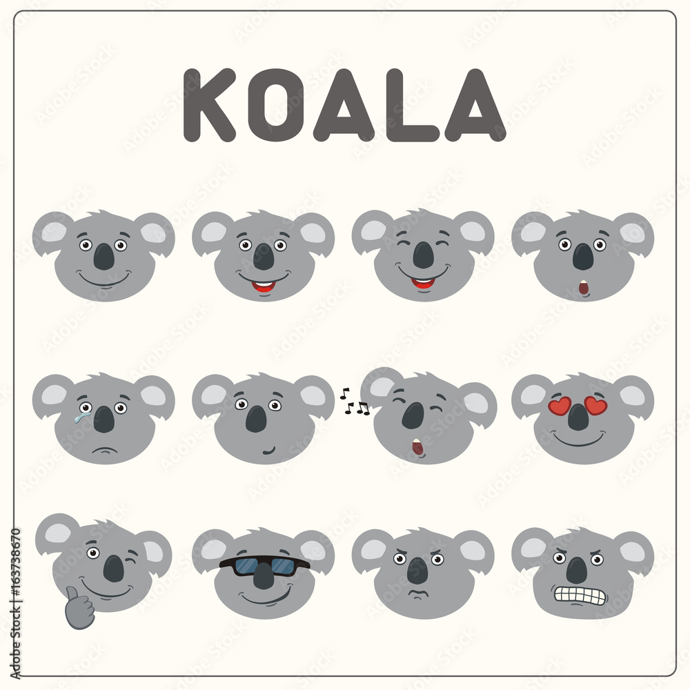 Obraz premium Emoticons set face of koala in cartoon style. Collection isolated funny muzzle koala with different emotion.