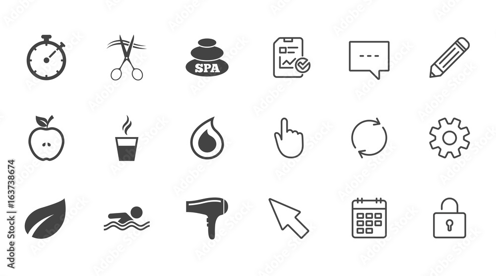 Fototapeta Spa, hairdressing icons. Swimming pool sign. Water drop, scissors and hairdryer symbols. Chat, Report and Calendar line signs. Service, Pencil and Locker icons. Click, Rotation and Cursor. Vector