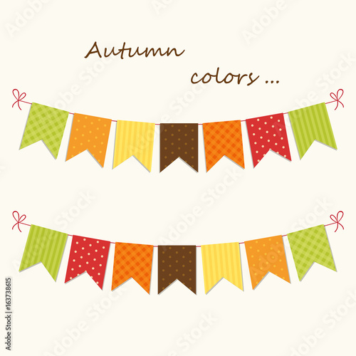 Cute autumn bunting flags with letters in traditional colors