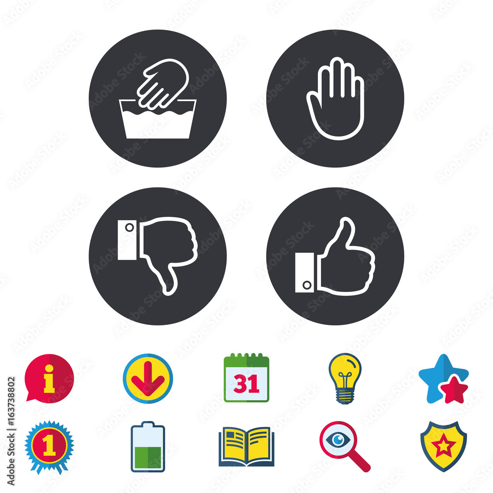 Hand icons. Like and dislike thumb up symbols. Not machine washable sign. Stop no entry. Calendar, Information and Download signs. Stars, Award and Book icons. Light bulb, Shield and Search. Vector Hand icons. Like and dislike thumb up symbols. Not machine washable sign. Stop no entry. Calendar, Information and Download signs. Stars, Award and Book icons. Light bulb, Shield and Search. Vector
