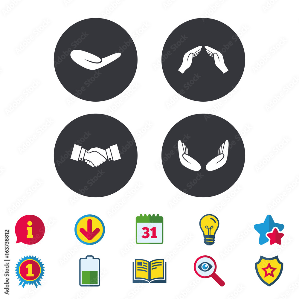 Hand icons. Handshake successful business symbol. Insurance protection sign. Human helping donation hand. Prayer meditation hands. Calendar, Information and Download signs. Stars, Award and Book icons