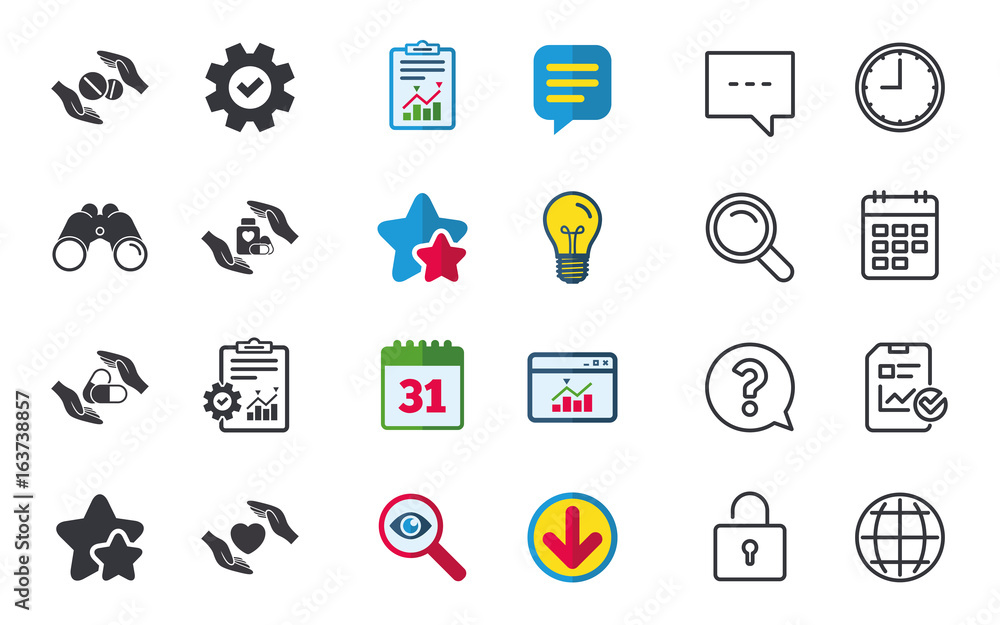 Hands insurance icons. Health medical insurance symbols. Pills drugs and tablets bottle signs. Chat, Report and Calendar signs. Stars, Statistics and Download icons. Question, Clock and Globe. Vector Hands insurance icons. Health medical insurance symbols. Pills drugs and tablets bottle signs. Chat, Report and Calendar signs. Stars, Statistics and Download icons. Question, Clock and Globe. Vector