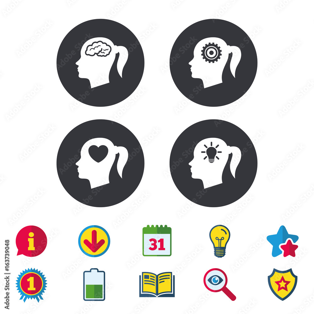 Head with brain and idea lamp bulb icons. Female woman think symbols. Cogwheel gears signs. Love heart. Calendar, Information and Download signs. Stars, Award and Book icons. Vector