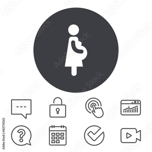 Pregnant sign icon. Women Pregnancy symbol. Calendar, Locker and Speech bubble line signs. Video camera, Statistics and Question icons. Vector
