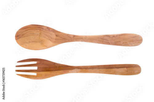 wooden spoon and fork isolated on white background