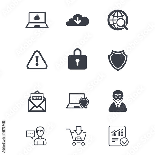 Internet privacy icons. Cyber crime signs. Virus, spam e-mail and anonymous user symbols. Customer service, Shopping cart and Report line signs. Online shopping and Statistics. Vector