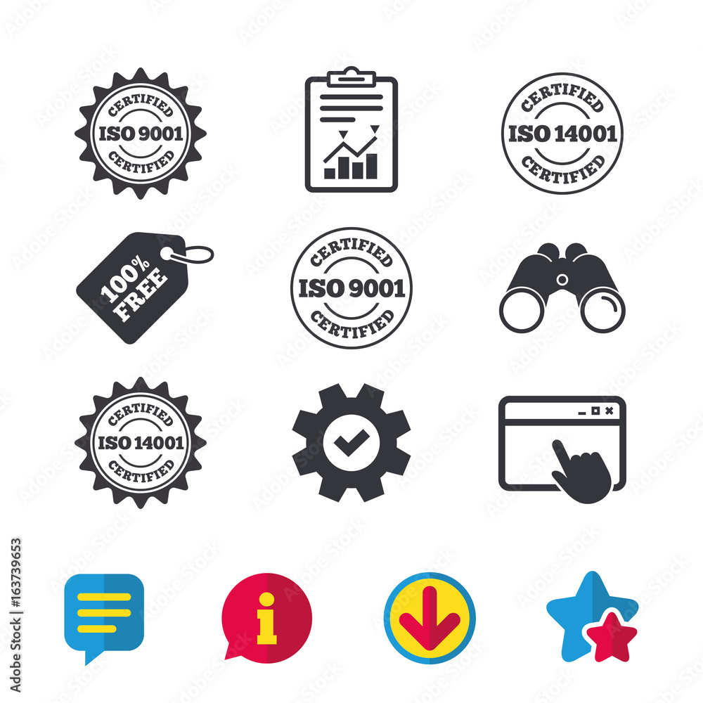 ISO 9001 and 14001 certified icons. Certification star stamps symbols. Quality standard signs. Browser window, Report and Service signs. Binoculars, Information and Download icons. Stars and Chat