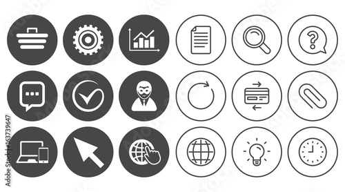 Internet, seo icons. Tick, online shopping and chart signs. Anonymous user, mobile devices and chat symbols. Document, Globe and Clock line signs. Lamp, Magnifier and Paper clip icons. Vector
